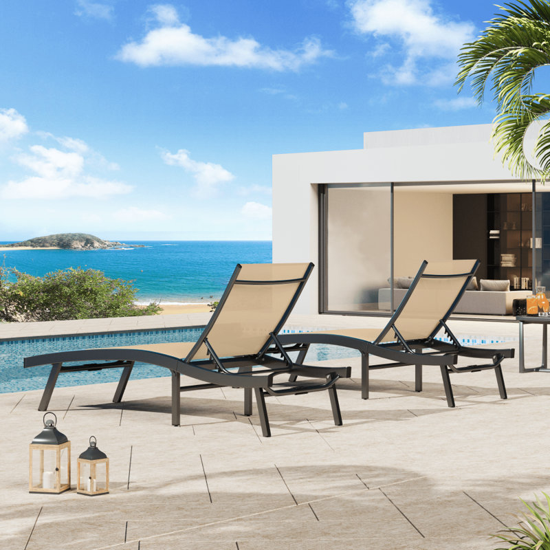 2 PCS All Weather Pool Lounge Chairs Ergonomic Design With Adjustable Backrest, Beige