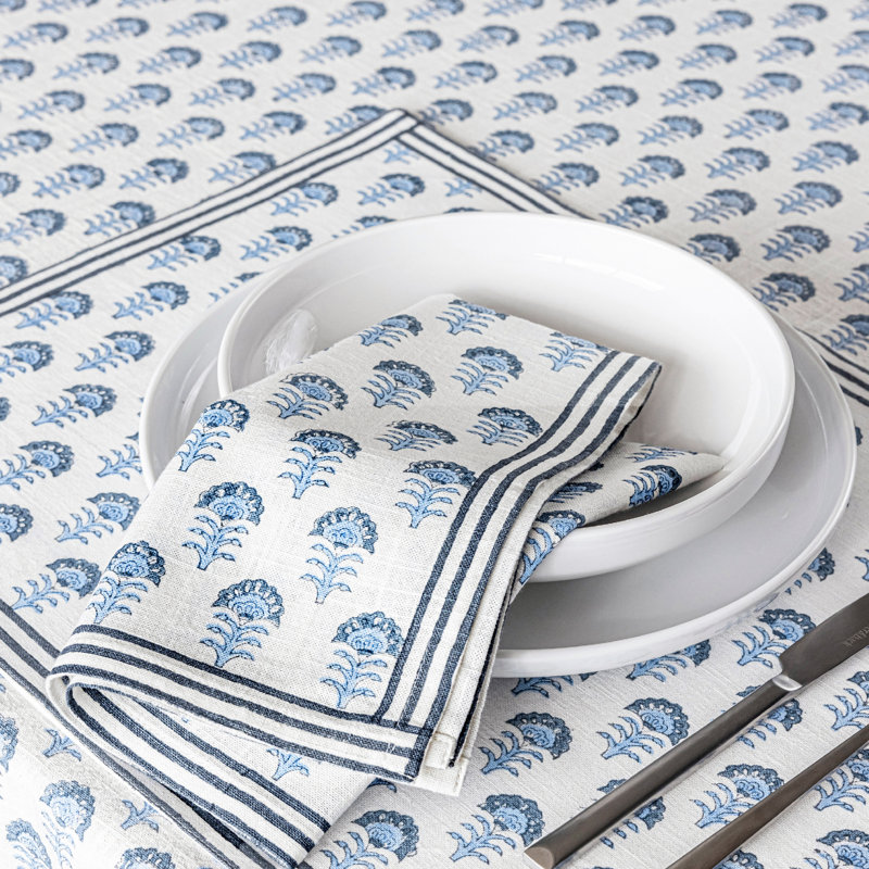 over&back Hand-Blocked Printed Cotton Table Runner, 18" W x 90" L, Blue Flower