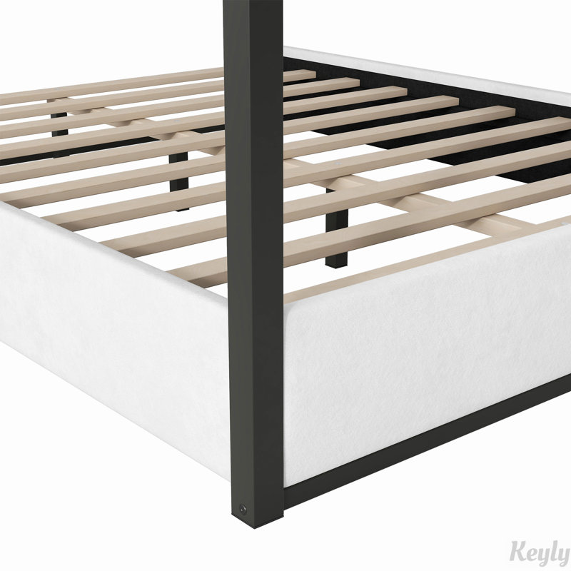 Lit à baldaquin avec tête de lit tapissier et structure en métal durable, parfait pour les chambres élégantes, Noir blanc