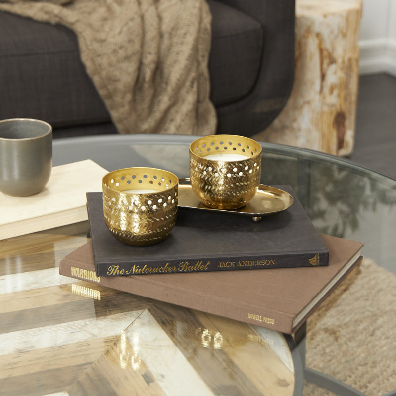Metal White Sage Scented Cutout Spotted Wick Decorative Candle with White Wax Set, Gold