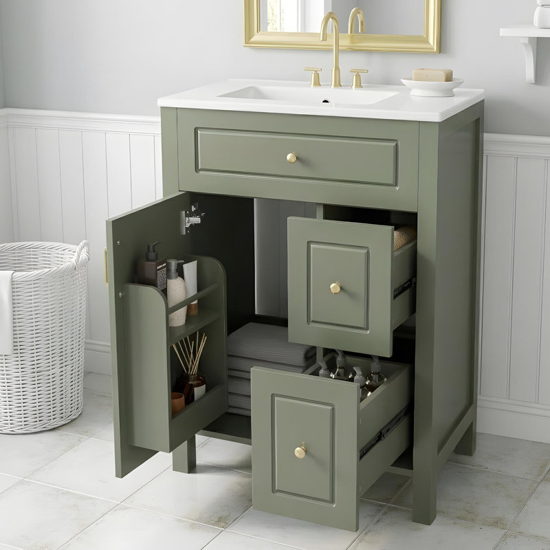 Meuble-lavabo de 24 po avec lavabo en céramique, portes à fermeture douce, 2 tiroirs et tablette à deux niveaux, Vert