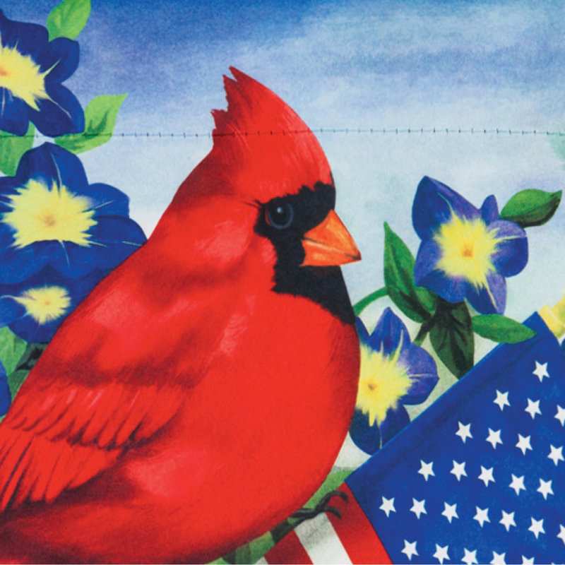 Prater Patriotic Cardinal and Flowers Garden Flag, 18" H x 12.5" W
