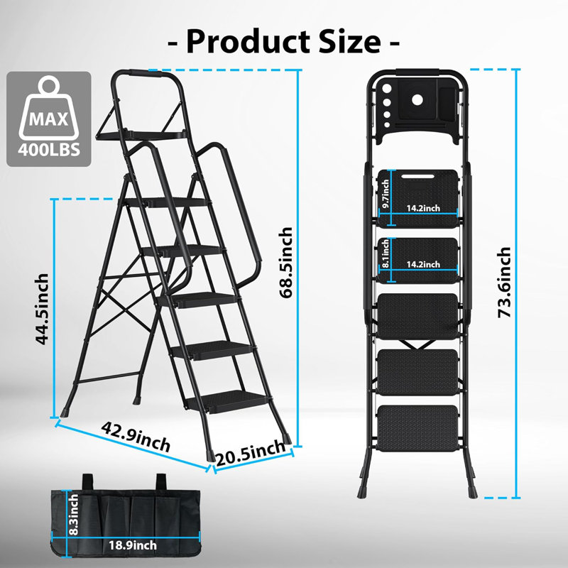 5-Step Ladder, Folding Step Stool With Tool Platform, Tool Bag, And Handrails, Wide Anti-Slip Pedals, Sturdy Steel Ladder With A Max Load Capacity Of 400 Lbs, For Household Use, Black