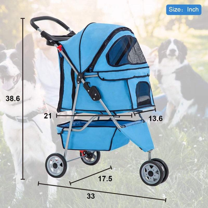 Blue 3-Wheel Folding Pet Stroller for Dogs