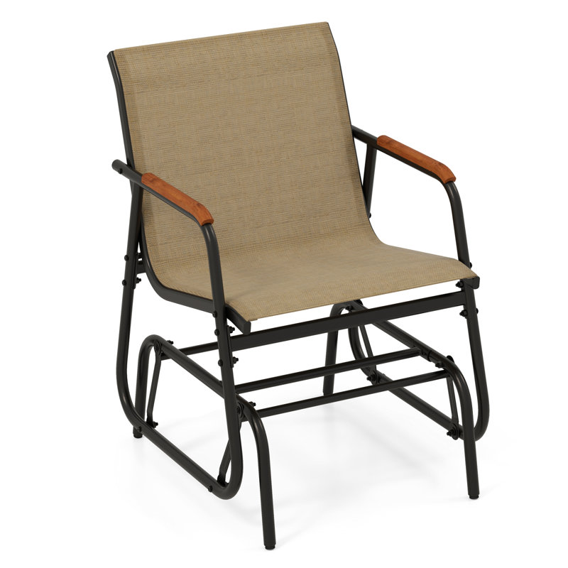 Fauteuil oscillant de patio avec accoudoirs courbés en teck et siège en tissu respirant pour l'extérieur