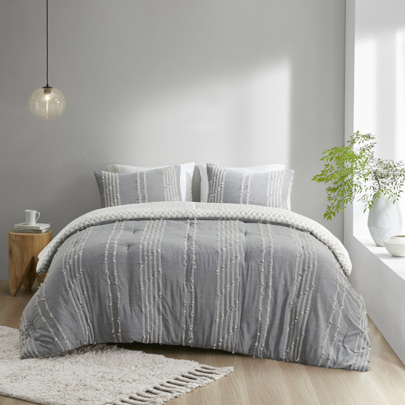 Ensemble de literie en jacquard de coton 3 pièces, Édredon double / grand + 2 taies décoratives sta, gris