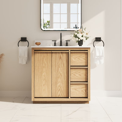 Meuble-lavabo autoportant avec cadre en bois de chêne, comptoir en quartz, lavabo simple, entièrement assemblé