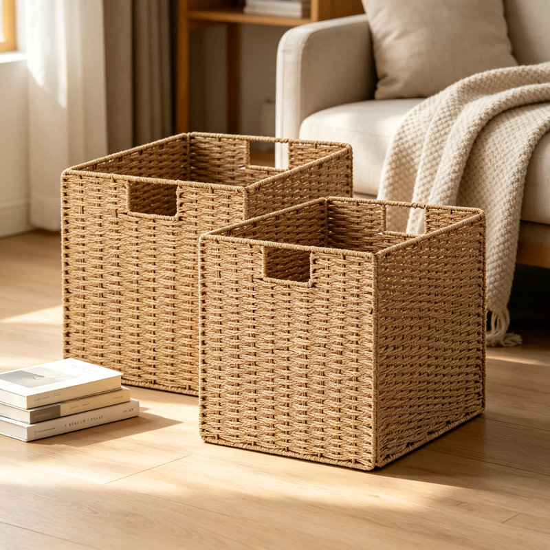 Ensemble de 2 paniers de rangement en osier de 13 pouces, cubes de rangement carrés pliables tissés à la main, bacs en corde de papier naturel pour étagères, garde-robe, garde-manger et rangement