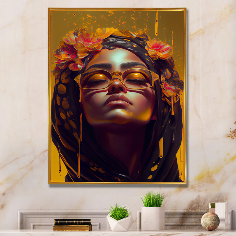 Stylish Arab Woman with Floral Hijab VII - Impression sur toile, H 40 po x l 30 po x P 1,5 po, Toile avec cadre flottant or