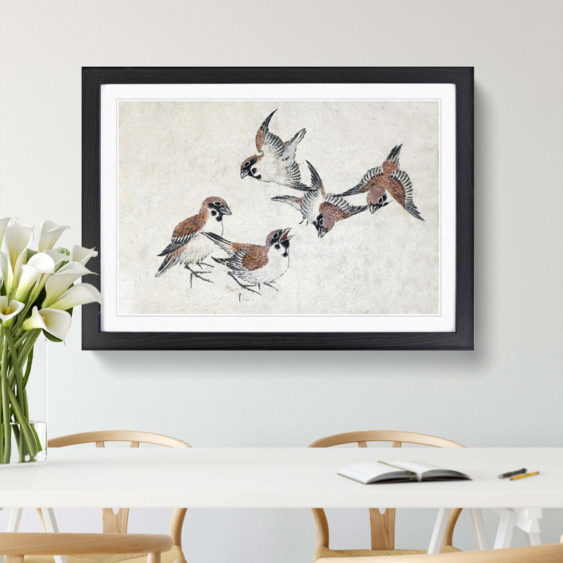 Five Birds by Katsushika Hokusai - Picture Frame Art Print, 48cm H x 65cm W x 2cm D, Black Framed
