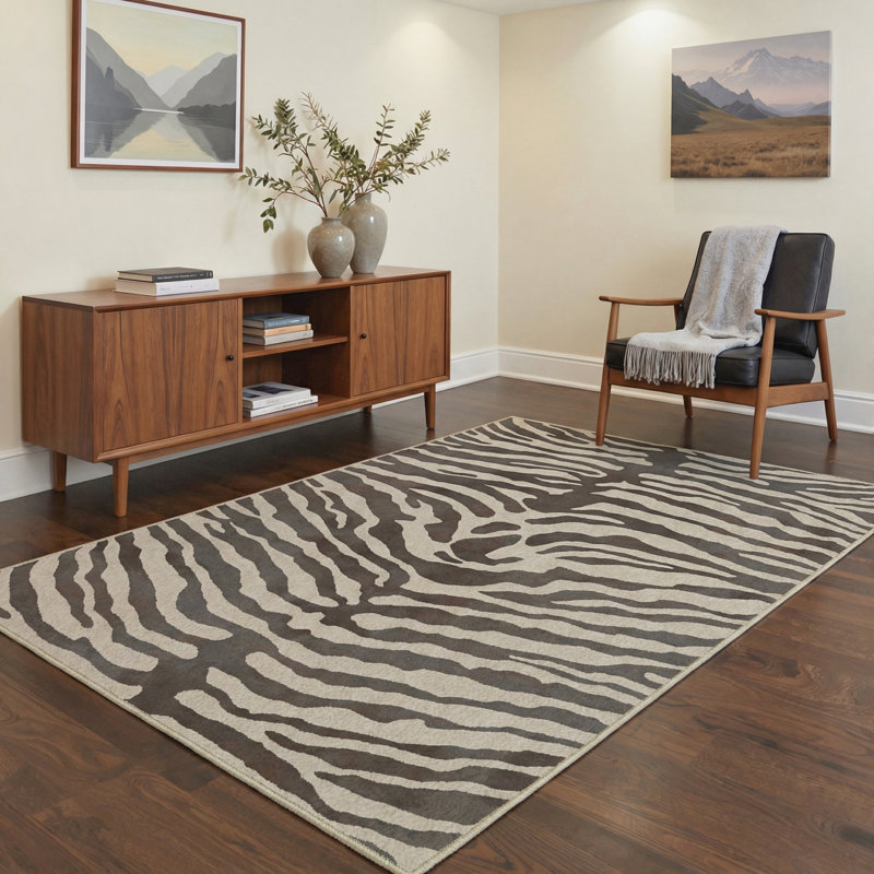 Safari Animal Print Zebra Machine Printed Washable Beige / Gray Indoor Area Rug with Non-Slip Backing, Rectangle 5' x 7'