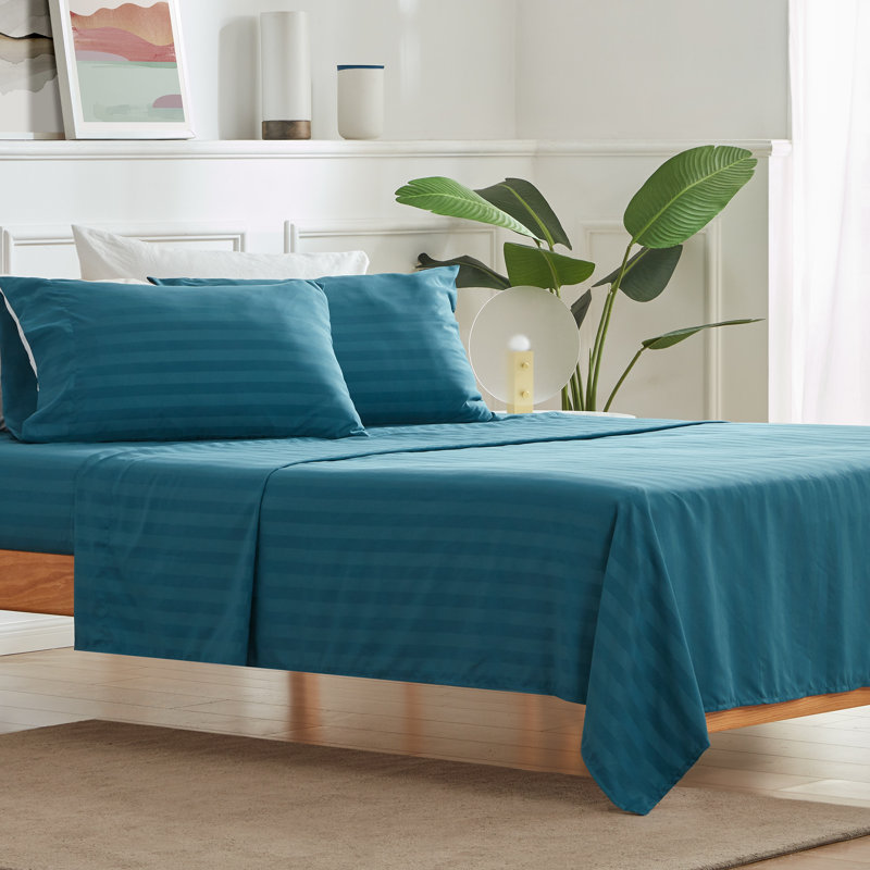 Sateen Striped Sheet Set, Full/Double Sheet Set+Fitted Sheet+2 Pillowcases, Teal