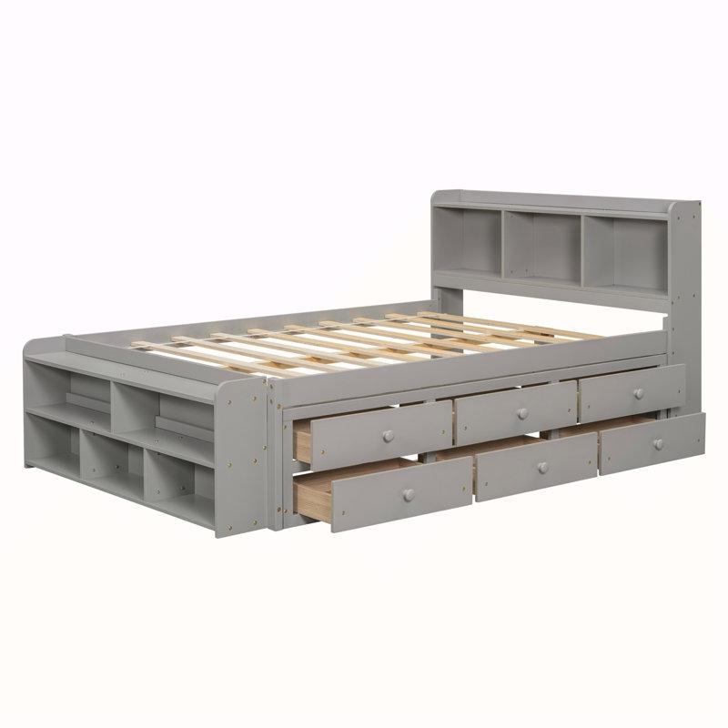 Lit double avec tête de lit bibliothèque, tiroirs de rangement sous le lit et étui de rangement de bout de lit, gris