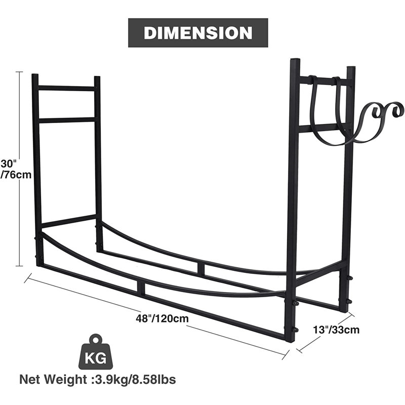 Support à bois de chauffage en acier robuste de 4 pi avec crochets d'allumage, capacité de charge de 200 lb avec anneaux de verrouillage anti-basculement pour foyer et patio, noir