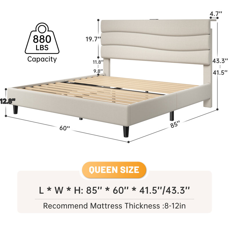 Upholstered Storage Bed with Charging Station, Beige, Queen