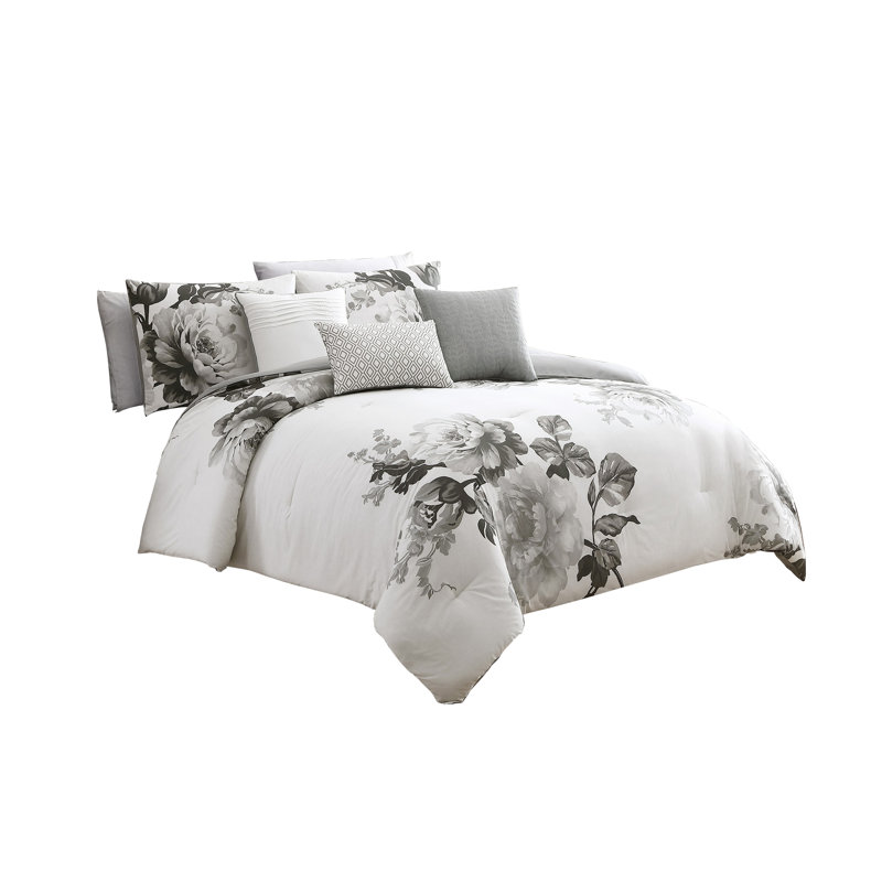 Ensemble d'édredon en mélange de coton 7 pièces , Gris / Blanc, Grand édredon et 6 pièces supplémentaires