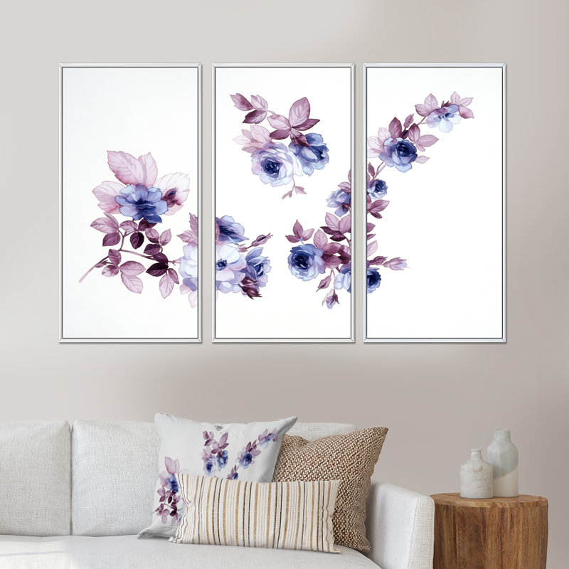 Aquarelle de fleurs - ensemble d'art mural sur toile encadré floral de 3, H 32 po x l 48 po x P 1 po, Blanc