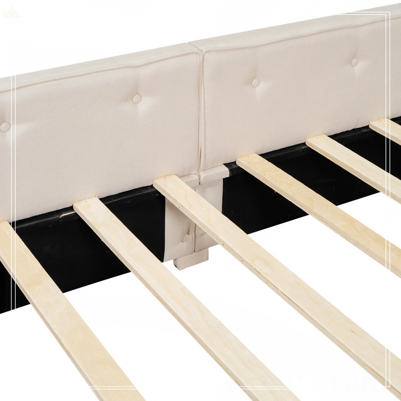 Grand lit plateforme tapissier avec port USB et 2 tiroirs, Grand lit