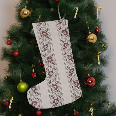 Christmas Stocking, Brown Flower Butta Linen Blend for Rustic Holiday Décor