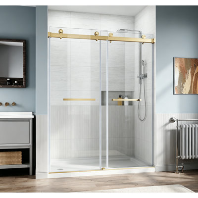 Frameless Sliding Shower Glass Door 56-60 In.W X 76 In. H,3/8"(10Mm) Thick Clear Tempered Glass,Heavy Duty Stainless Steel Hardwares,Brushed Gold