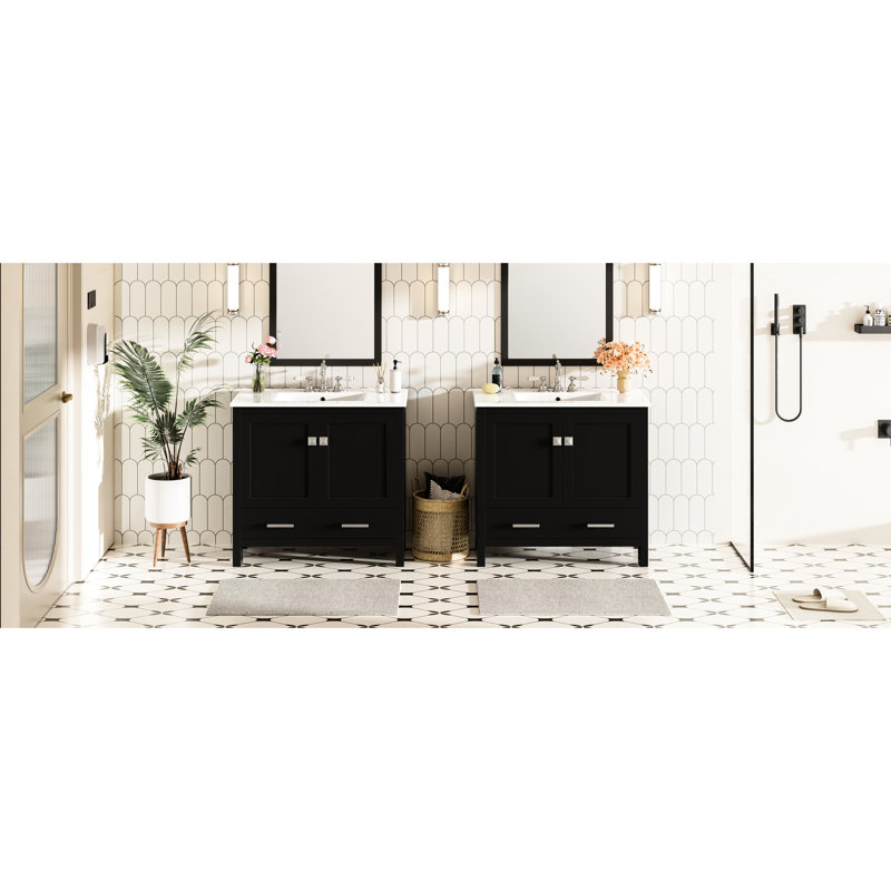 Meuble-lavabo moderne noir 72 po avec lavabos, cadre et tiroir divisé pour une mise à niveau du tiroir 72 po, assemblage facile, fonctionnement silencieux et environnement confortable