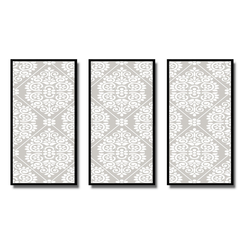 Damas gris clair et blanc - ensemble d'art mural sur toile encadré traditionnel, H 28 po x l 36 po x P 1 po, Noir