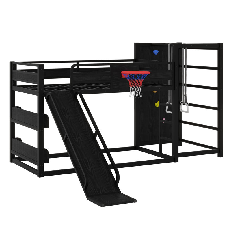 Lit mezzanine / lit superposé multifonctionnel en métal avec glissière, cerceau, anneaux et tablettes