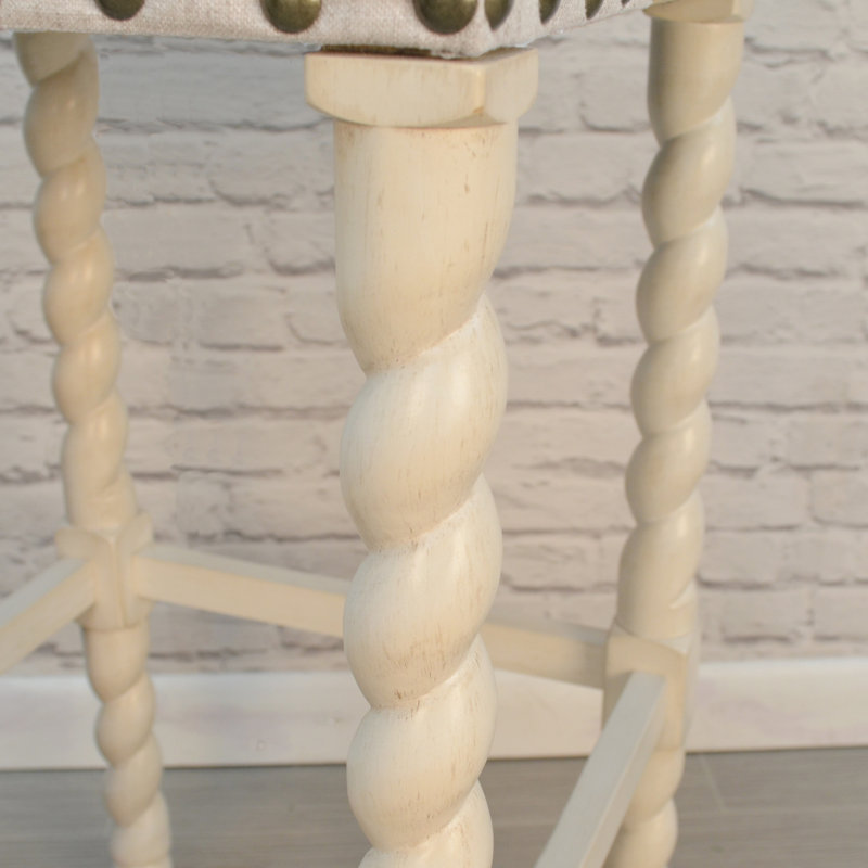 Elegant Cream 24-Inch Counter Stool with Barley Twist Legs, Vintage White, Counter Stool (24" Seat Height)