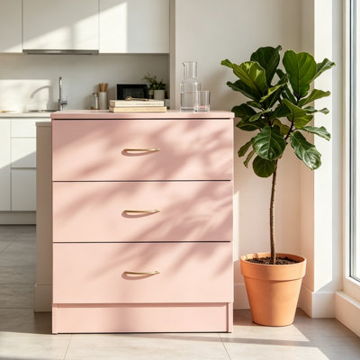 Commode rose à 3 tiroirs, coffre en bois avec poignées imitation or rose et glissières à billes, meuble de rangement compact pour chambre, chambre d'enfant et petits espaces