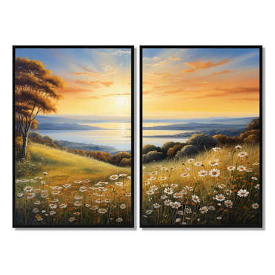 Fleurs blanches et vertes, horizon doré, toile jaune, 2 panneaux