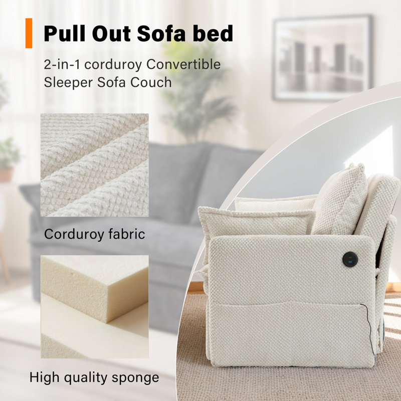 59.5" Convertible Sofa Bed 2-in-1 Upholstered Reclining Sleeper Sofa Couch Bed with Side Storage and USB/C-TYPE