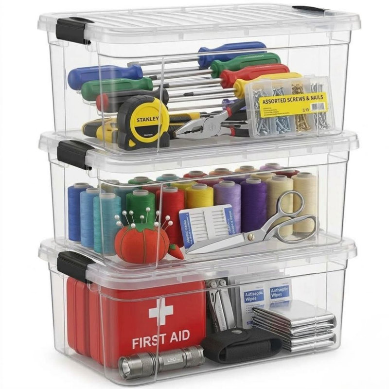 Latitude Run® Clear Storage Bins with Lids, 3 Pack- Plastic Storage Boxes for Home, 11 qt