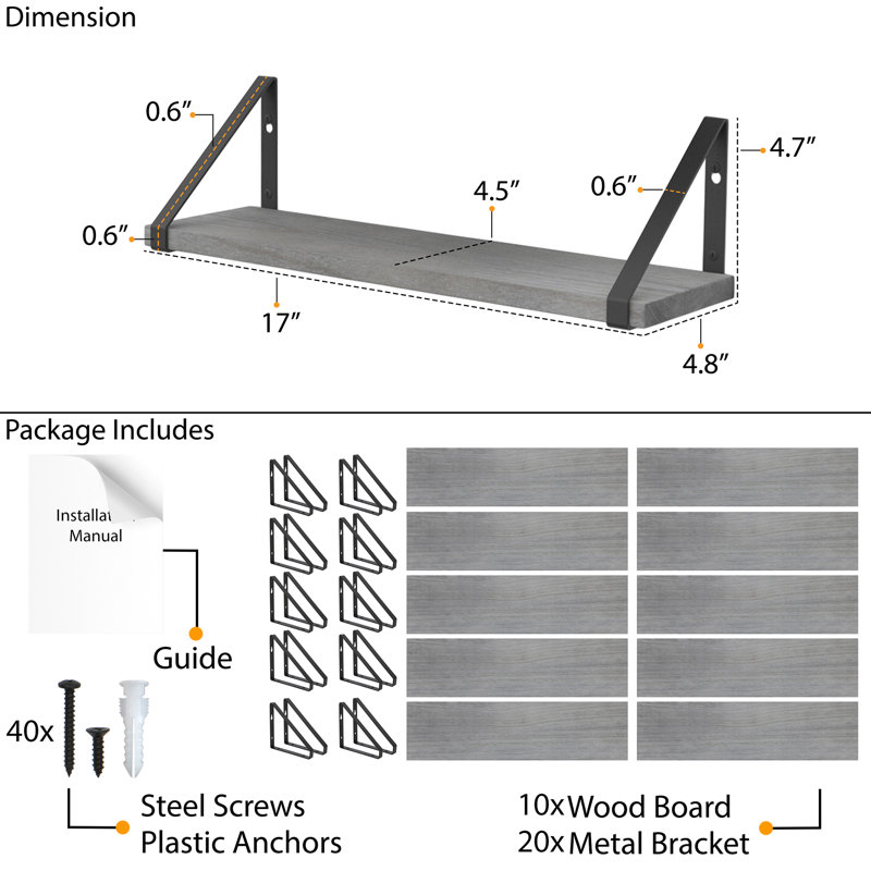 Floating Bookshelves for Wall Decor, Wooden Shelves for Living Room & Kitchen Decor, Special Finish Options, Gray