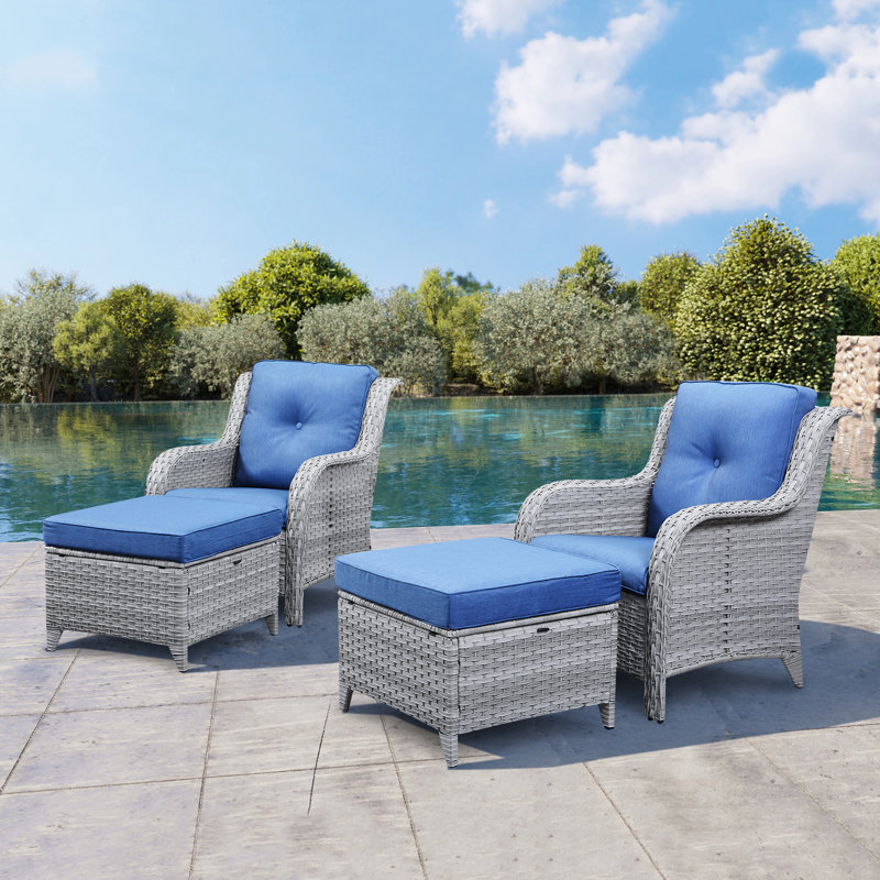 Deb Wicker Patio Chairs with Cushions, Light Gray/Navy Blue