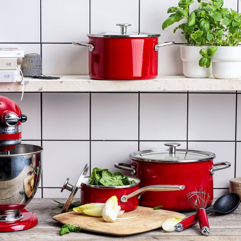 KitchenAid Steel Core Enamel Casserole with Lid, 20cm, 3.7L, Empire Red