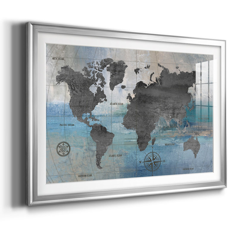 Carte du monde bleue et grise, impression sur papier, Argent, H 15 po x l 21 po x P 1,5 po