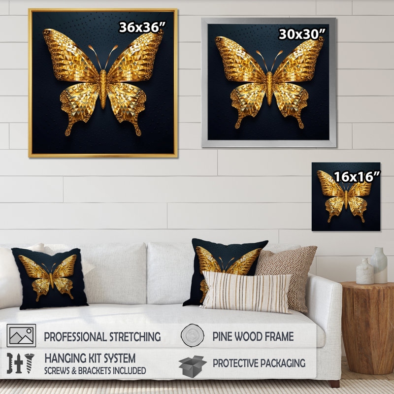 «Black and Gold Diamonds Butterly II», art mural papillon, H 36 po x l 36 po x P 1,5 po, Toile tendue