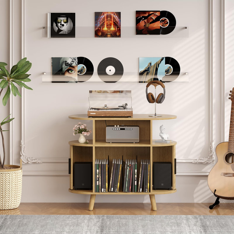 35" Round Record Player Stand Turntable Stand Table with Charging Station and Sliding Doors, Brown