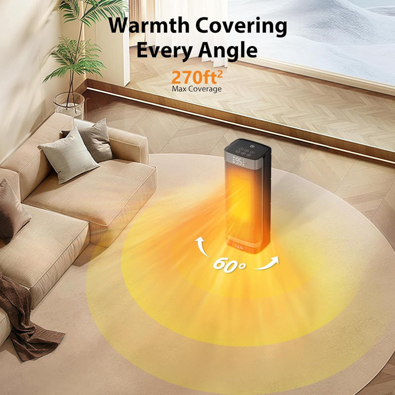PTC Space Heater with Thermostat, Oscillation, and Timer, 16 Inch Portable, Black