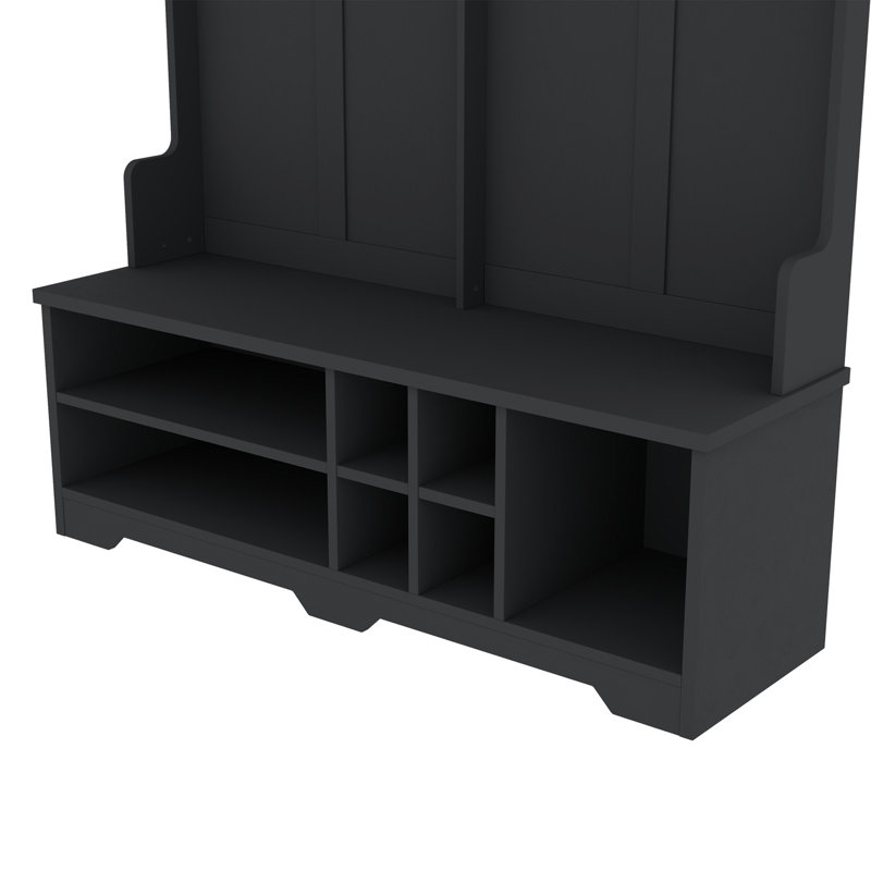 Modern Hallway Hall Tree with Metal Hooks and Storage Space, Multi-Functional Entryway Coat Rack with Shoe Cubbies, Black
