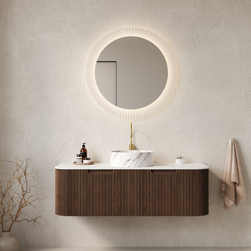 Meuble-lavabo mural courbé avec lavabo et rangement en céramique, Noyer foncé