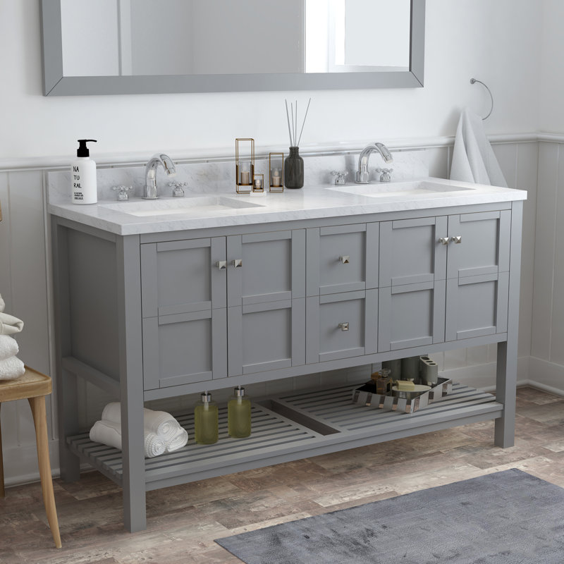 60 po X P 22 po P 35,4 po Meuble-lavabo gris H avec comptoir et lavabo blancs, gris