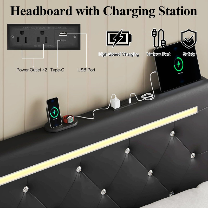 Bed Frame With LED Light And Storage Drawers, Upholstered Bed Frame With Adjustable Headboard, Charging Station, Lit double