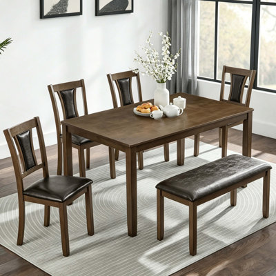 6-Piece Dining Table Set with Bench and Chairs, Wooden dining table set for 6 people, Farmhouse Rustic Style 6 Person Dining Table Set for Dining Room