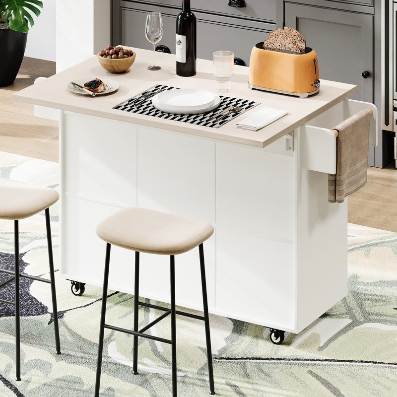Îlot de cuisine moderne avec abattant pliable, étagères réglables, rangement pour poubelle, porte-serviettes sur chariot blanc, dissimulé -