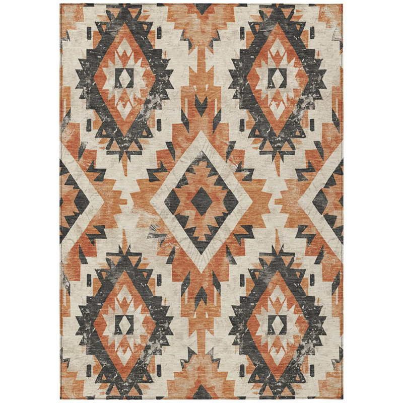 Tapis intérieur/extérieur lavable, 90 x 150 cm, motif aztèque terre cuite et gris, 90 x 150 cm.