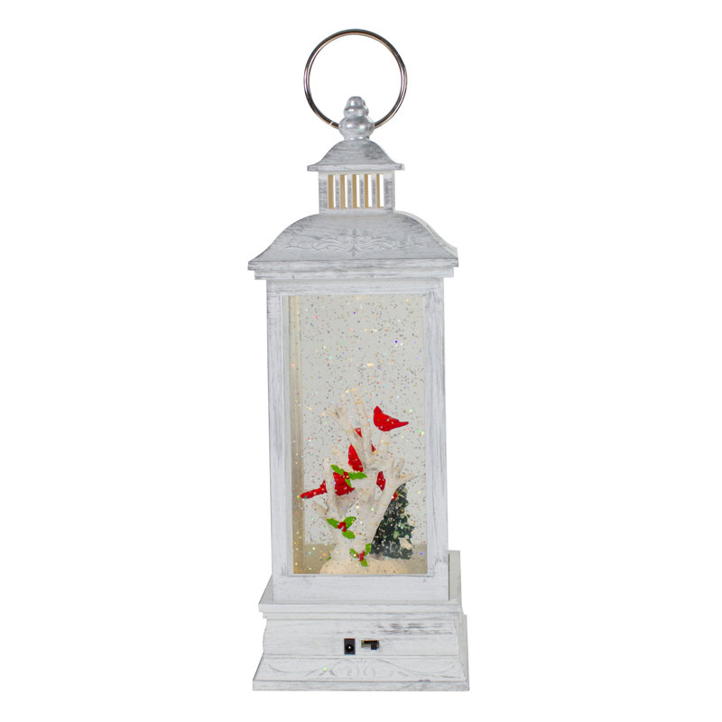 11" White And Brushed Silver Christmas Cardinals Snow Globe Lantern