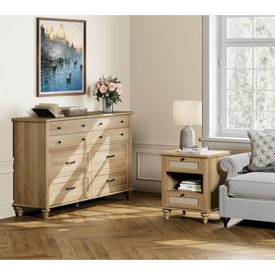 Bithiah 2 Piece Bedroom Set - Includes Farmhouse 8 Drawer Dresser, Rattan Night Stand With Charging Station & Shelf, 2 Piece Dresser And Nightstand Sets, Oak