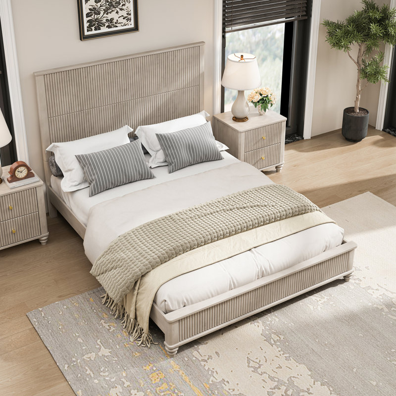 Base de lit plateforme en bois massif avec tête de lit haute, Beige, Queen