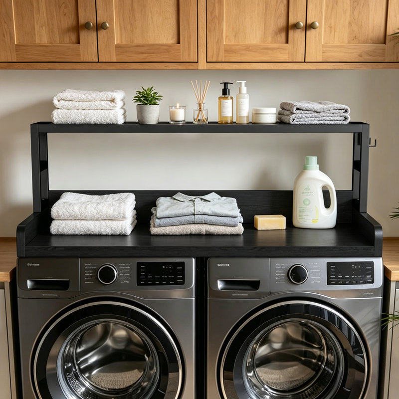 Washer Dryer Countertop With Shelf, 2-Tier Laundry Room Wood Topper With Edge, Satin Black